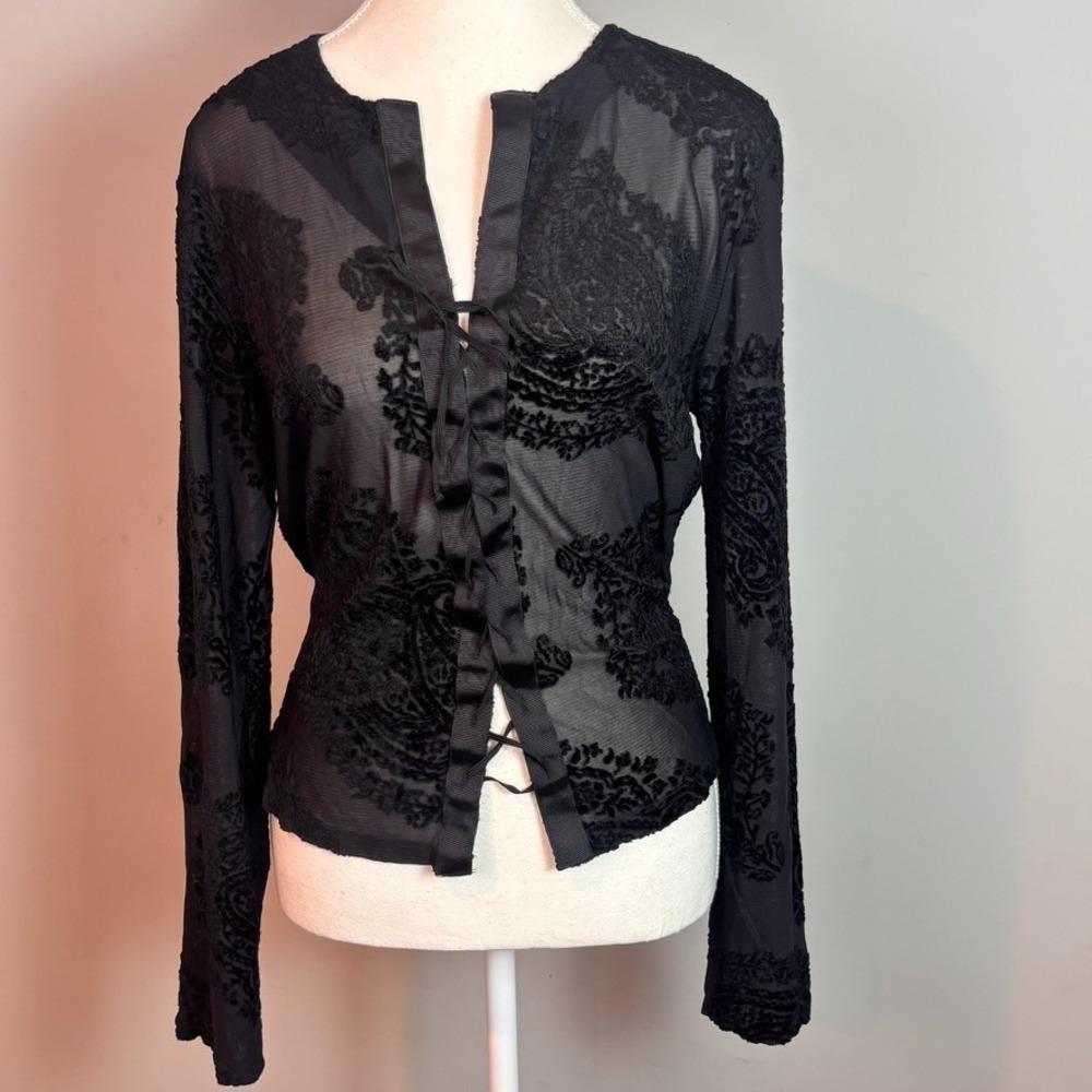 VTG Hanky Panky Y2K Womens Black Burnout Velvet Tie Front Witchy whimsigoth top